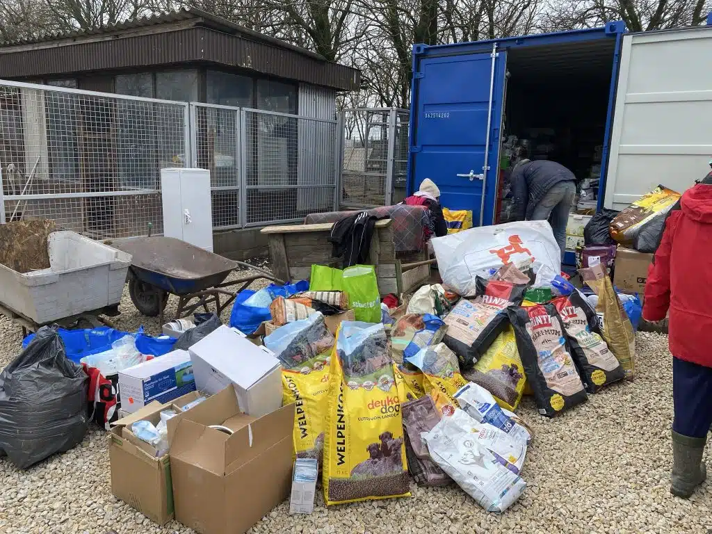 Vor einem geöffneten blauen Transporter stehen Kartons und Futtersäcke, mehrere Personen laden Spenden neben den Zwingern ab